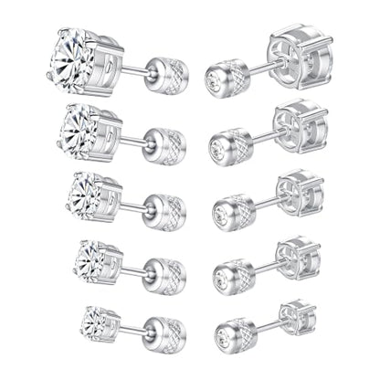 5 Pairs Screw Back Stud Earrings Set, Cubic Zirconia Stud Earring for Women Men Hypoallergenic 316L Surgical Stainless Steel Round Cut CZ 3-7mm - color: White Gold Plated