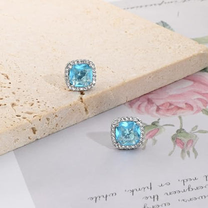 Square Cubic Zirconia Earrings Stud 7mm Birthstone Studs Earrings Hypoallergenic Princess Cut Earrings 925 Sterling Silver Post Studs Earrings for Women - color: aquamarine
