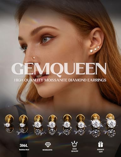 8 Pcs Moissanite Nose Studs Flat Back Earrings 16G/18G/20G | 14K Gold Plated Hypoallergenic Nose Studs, Moissanite Nose Rings for Women Men, Lip, Helix, Conch Piercing Jewelry, Flat Back - color: Gold| 18G(1.0MM)-Bar-6/8MM&Moissanite-2/3/4MM