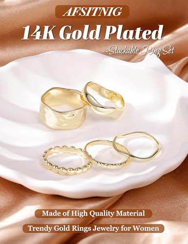 14K Gold Plated Rings for Women,Non Tarnish Stackable Chunky Ring | Cubic Zirconia Thumb Ring ,Dainty Stackable Chunky Rings Set,Trendy Statement Thick Dome Ring,Promise Wedding Band Size 6-10 - color: Gold A-Chunky Ring
