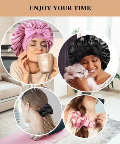 2+3 Large Satin Bonnets with Scrunchies for Women, Hair Bonnet Sleeping Tie Bonnet for Braids Curly Hair - color: #a - Black, Rose Gold