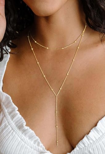 Lariat Necklace for Women, Dainty Long Necklaces, 14k Gold/Silver Plated Y-Shaped Drop Chain Necklace, Simple Layered Necklaces, Trendy Jewelry Gifts - style: Y Layered Bead Necklace-Gold