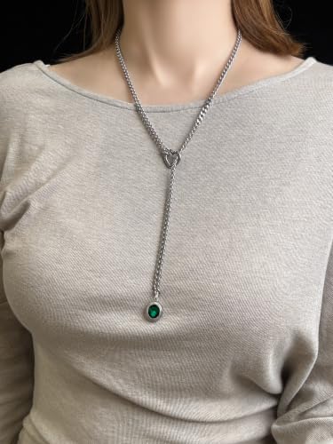 Heart Slip Chain Necklace for Women, Cuban Chain with Removable Heart O-Ring and Crystal Pendant, Adjustable Y Lariat Necklace - color: Silver-Green-27