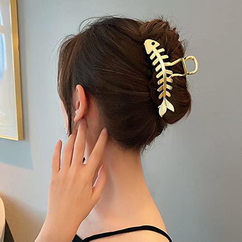 Metal Gold Fishbone Hair Clips Acrylic Large Hair Claw Cross Hairclip Elegant Fish Bone Headband Hairpin Hair Crab Female Lady Nonslip Barrette Hair Accessories for Women Thick or Thin Hairs - color: Gold Fishbone