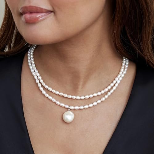 The Pearl Source White Freshwater Pearl Double Strand Oval Necklace for Women, Premium AAA Pearl Quality 4.5-5.0mm Sterling Silver