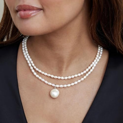 The Pearl Source White Freshwater Pearl Double Strand Oval Necklace for Women, Premium AAA Pearl Quality 4.5-5.0mm Sterling Silver