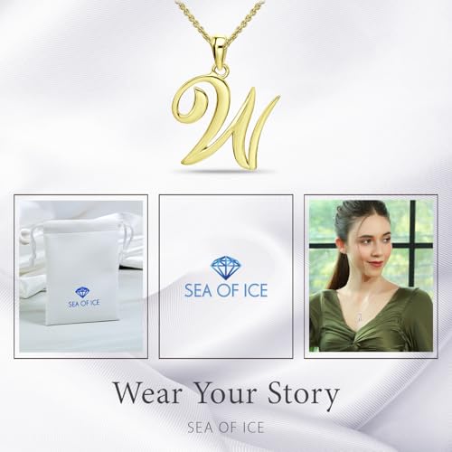 SEA OF ICE Letter Initial Necklace, Alphabet Letter Pendant Necklace, Sterling Silver, Gold, Rose Gold Necklace for Women, Elegant Initial Necklaces, Personalized Custom Women's Necklaces - color: Yellow Gold - W