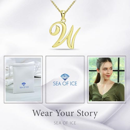 SEA OF ICE Letter Initial Necklace, Alphabet Letter Pendant Necklace, Sterling Silver, Gold, Rose Gold Necklace for Women, Elegant Initial Necklaces, Personalized Custom Women's Necklaces - color: Yellow Gold - W