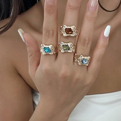 Chunky Knuckle Rings Set for Women Gold Irregular Chunky Ring Set Adjustable Open Knuckle Stacking Rings Dainty Crystal Rings Set Gold Silver Liquid Irregular Ring Set Y2k Statement Ring Unique Ring Jewelry - color: Gold
