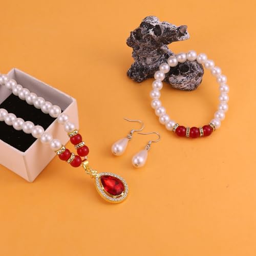 CSIYANJRY99 Pearl Jewelry Set for Women Prom Accessorie Faux Pearl Necklace Bracelet Earring Set Bride Bridesmaid Costume White Jewelry Sets - color: C-Red