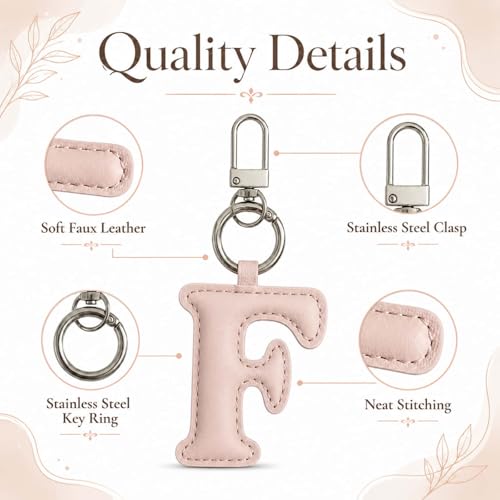 Initial Letter Keychain,Stainless Steel,Colorful Faux Leather Keyring for Backpack,Purse,Car Keys,Gift for Men Women - color: F