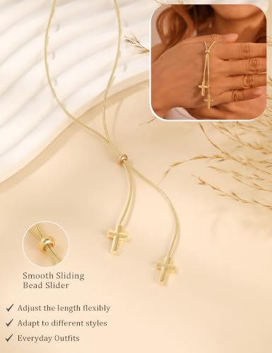 Lariat Gold Silver Necklace for Women Long Dainty Y Necklace 14k Gold Plated Drop Chunky Necklace Trendy Clover Heart Cross Teardrop Cz Pendant Statement Simple Adjustable Jewelry Gift - color: Gold- Cross