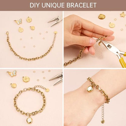 UMAOKANG Gold Plated Stainless Steel Bracelet Chains for Jewelry Making | 10PCS Thick Cable Hand Chains Bracelets Set PVD Gold Plating Permanent Jewelry Chain - color: 10pcs Cable Gold