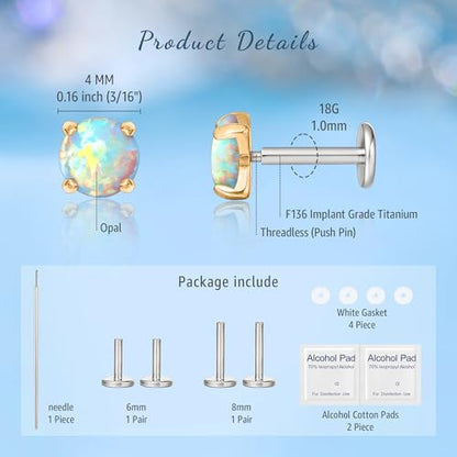 limerencia G23 Hypoallergenic 18g Flat Back Stud Earrings | F136 Implant Grade Titanium Pressfit Threadless Push Pop in Cartilage Helix Labret Lip Monroe Tragus Flat Back Piercing Studs - color: 4mm White Opal Gold