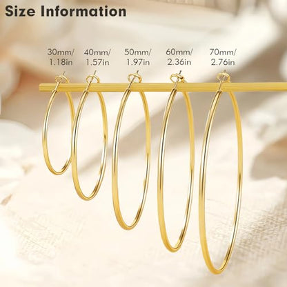 5 Pairs Gold Hoop Earrings for Women, Hypoallergenic Gold Earrings for Women，Stainless Steel Earrings Set, 30/40/50/60/70mm