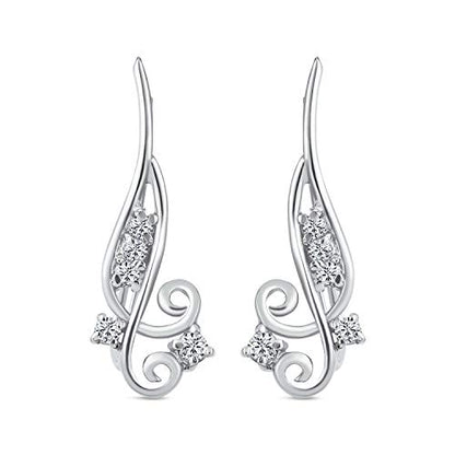 Trendy Scroll Swirl Wire Ear Pin Climbers Earrings For Women Teen AAA CZ Crawlers 14K Gold Plated .925 Sterling Silver