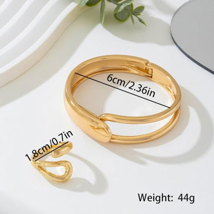 Gold Bangle Ring Set for Women Chunky Statement Jewelry Set Geometric Bangle Bracelet And Ring Minimalist Daily Wear Party Jewelry Gift - color: Gold A