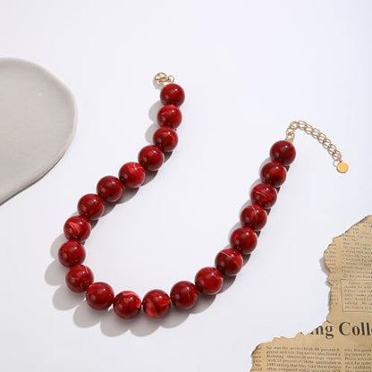 Chunky Necklaces for Women Trendy 20MM Large Resin Beaded Necklace Bold Statement Chunky Choker Necklace Boho Beads Summer Beach Jewelry - color: Red