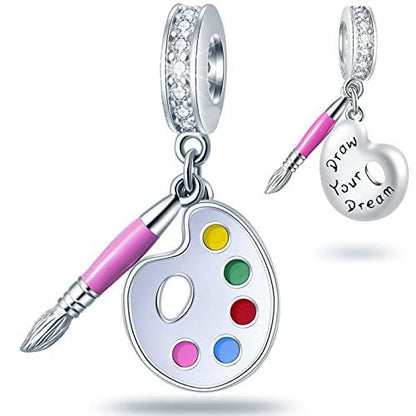 925 Sterling Silver Mothers Day Series Charms - Artist, Autism, Mother Daughter & Baby Foot Charms, Mom Crown & Nana Beads - Fits European Bracelet or Necklace - Gifts for Family, Lovers & Friends - color: Artist Palette and Paint Brush Charms
