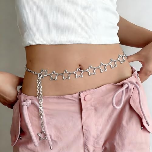 QWALIT Silver Gold Chain Belt for Women Fashion Waist Chain Belt Star Butterfly Metal Belt Music Festival Y2K Accessories - style: A2-Star- silver