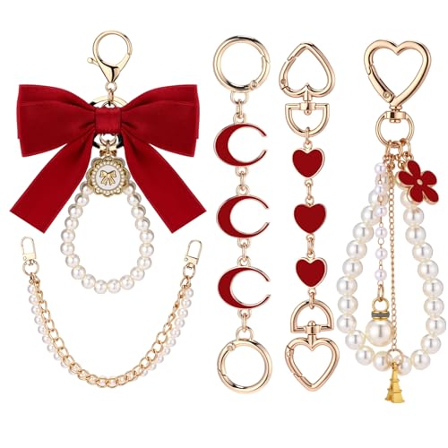 Sureio 5 Pcs Bag Extender Chain Pearl Purse Chain Ribbon Bow Keychain Extender Bag Strap Purse Charms Accessories for Handbag - color: Gold and Red