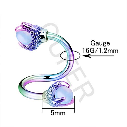 OUFER Twist Helix Earring 316L Stainless Steel Dragon Claw with Opalite Center 16G Twist Lip Labret Cartilage Upper Lobe Piercing Jewelry - color: Rainbow Opalite