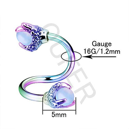 OUFER Twist Helix Earring 316L Stainless Steel Dragon Claw with Opalite Center 16G Twist Lip Labret Cartilage Upper Lobe Piercing Jewelry - color: Rainbow Opalite