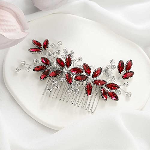 Casdre Crystal Bride Wedding Hair Comb Silver Leaf Bridal Hair Accessories Rhinestone Party Prom Hair Piece for Women and Girls (E Red) - color: E Red