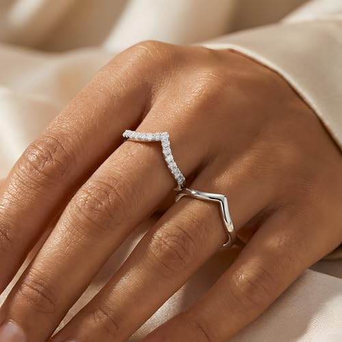 Gelbesty Silver Plated Chevron Ring for Women, Stackable V Shaped Curved Wedding Band 2Pcs Set, Pave CZ Wishbone Ring Enhancer Fits Pear & Solitaire Engagement Rings Jewelry Gift Size 6 7 8 9 10 11 - size: 8