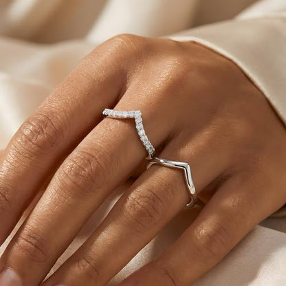 Gelbesty Silver Plated Chevron Ring for Women, Stackable V Shaped Curved Wedding Band 2Pcs Set, Pave CZ Wishbone Ring Enhancer Fits Pear & Solitaire Engagement Rings Jewelry Gift Size 6 7 8 9 10 11 - size: 7