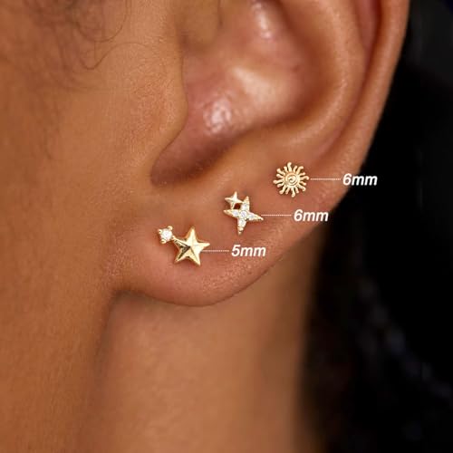 3 Pair Tiny Flat Back Earrings for Women - 14K Gold/White Gold Plated Dainty Cute Small Screw Flatback Stud Earring, Everyday Wear Gift - color: Star&Sun Flat-5/6/7mm Gold