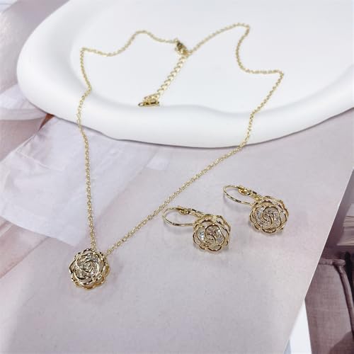 Rose Flower Jewelry Sets for Women Dainty Blooming Filigree Flower Austrian Crystal Choker Necklace Earring Set for Wedding Valentine Fashion Jewelry for Brides Bridesmai - color: Gold