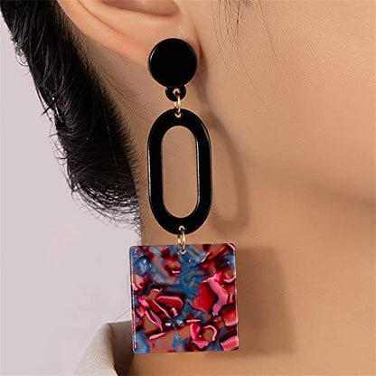MALOYANVE Acrylic Earrings for Women Trendy Fashion Bohemian Retro Multicolor Mottled Resin Lightweight Geometric Hollow Dangle Drop Statement Post Earrings - color: Blue Square