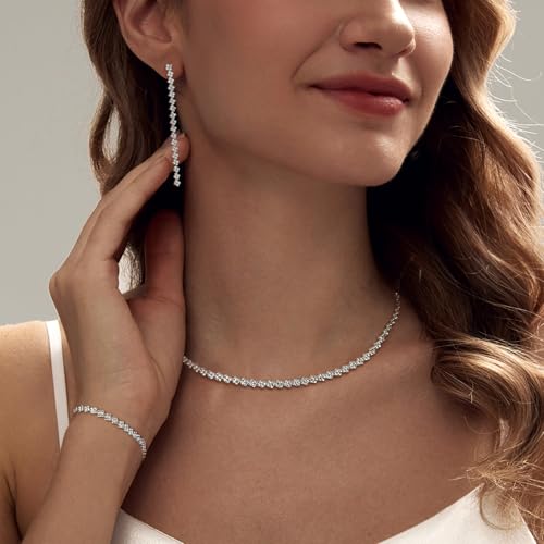 HAXIYA Tennis Necklace Bracelet for Women, Sterling Sliver Jewelry Set, Silver/Gold Chocker Necklace, Crystal Bracelet for Women, Wedding Jewelry for Bride, Sparkly Party Prom Hypoallergenic - color: Silver