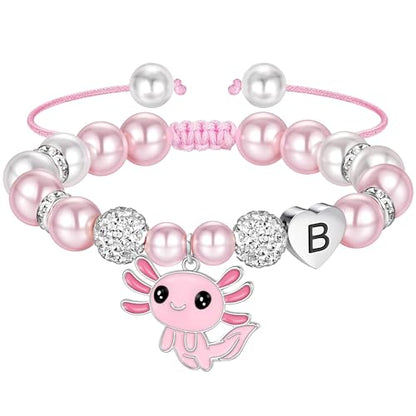Ritach Graduation Gift fo Her - Cute Axolotl Heart Initial Bracelet CZ Rhinestone Beads and Pink White Pearl Bracelets for Girls Teen Kids Axolotl Graduation Gift for Her Girls Kids Axolotl Lovers - style: B
