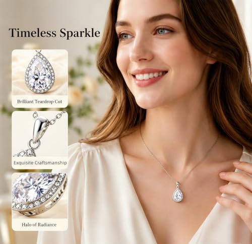 VONSSY Classic Oval Pendant Gemstone Necklace | Crystal Ruby Sapphire Waterdrop Birthstone Teardrop Emerald Necklace | 18K Platinum Gold Plated Chain | Jewelry Gift for Mother Wife Girlfriend - color: NL-White-Platinunm