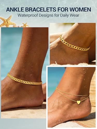 PROSTEEL Ankle Bracelets for Women, Silver/Gold/Black, Waterproof Anklets | Waterproof, Stainless Steel, Summer Beach Jewelry, Durable & No Tarnish, Come with Gift Box, 8-10.5" Adjustable, Plus Size - color: E: gold-heart layered