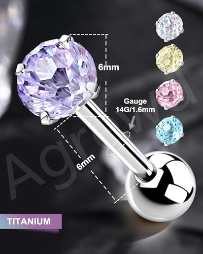 G23 Solid Titanium Tongue Ring Barbell 14G Firework CZ Bar Tongue Rings Surgical Steel Toungue Piercing - color: Pueple