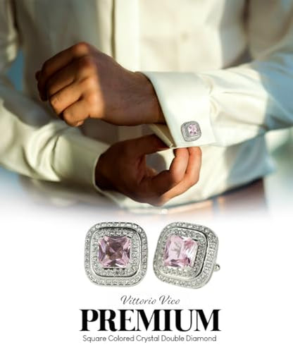 Square Colored Crystal Double Diamond Set Cufflinks - color: Pink/Silver