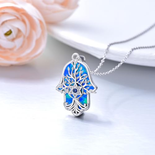 Hamsa Necklace 925 Sterling Silver Evil Eye/Lotus Flower/Star of David/Chai/Yin Yang Hamsa Hand Pendant Jewelry Hand of Fatima Gifts for Women - style: Star of David-Blue Opal