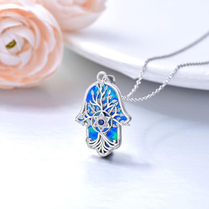 Hamsa Necklace 925 Sterling Silver Evil Eye/Lotus Flower/Star of David/Chai/Yin Yang Hamsa Hand Pendant Jewelry Hand of Fatima Gifts for Women - style: Star of David-Blue Opal