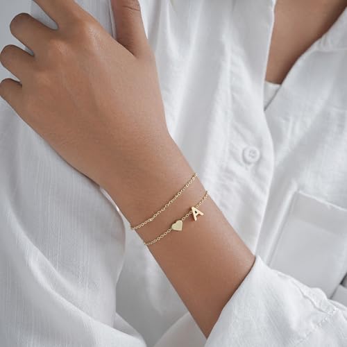 Gold Initial Bracelets for Women Trendy, Dainty Layered 14K Gold Plated Heart Letter Charm Bracelets, letter beads for name bracelets Jewelry Gifts - color: Gold-A
