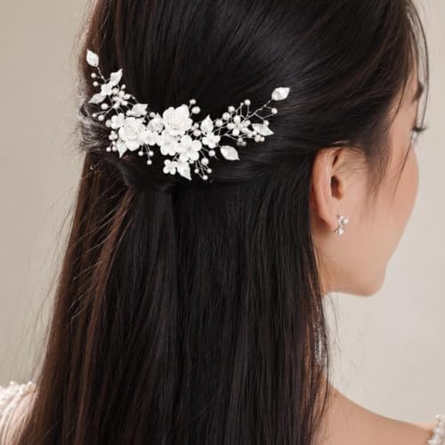 CASDRE Flower Bride Wedding Hair Vine Pearl Bridal Headpiece Leaf Hair Accessories Hair Piece for Women and Girls (A Silver) - color: A Silver