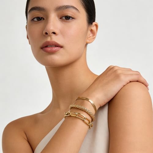 Alegend 14K Gold Plated Stackable Multilayer Bracelets + Titanium Steel(Not Rust, Resist Corruption, Easily Clean) 18K Gold Plated Single Bracelets - color: 14K Gold + 3PCS