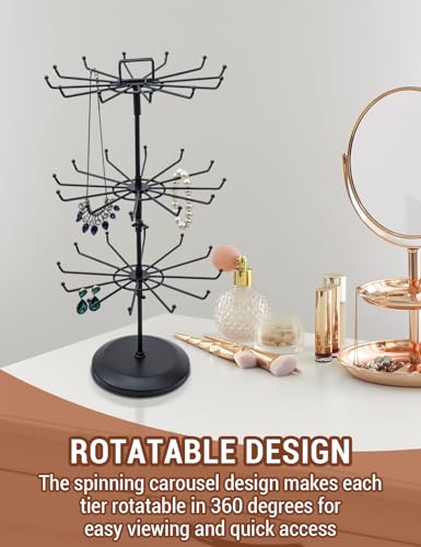 MyGift Black Metal Rotating 3-Tier Jewelry Stand with 36 Hooks | 360° Spinning Display Organizes Necklaces, Bracelets & Keychains with Top Card Holder for Retail or Vanity Use - color: Black (3 Tier)