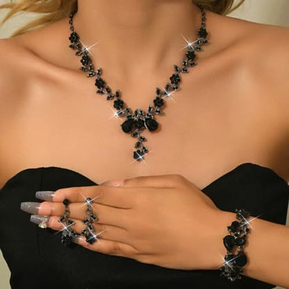 CSIYANJRY99 Silver Prom Jewelry Set Gold Wedding Jewelry Sets for Brides Necklace and Earring Bracelet Rhinestone Prom Party Costume Accessorie - color: A-Black
