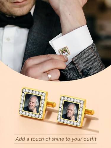 FindChic Stainless Steel Round Cufflinks with Custom Text/Picture/Monogram Letters 18K Gold Plated/Black Color for Men Groom Suits Shirts, with Gift Box - style: 02. CZ custom photo-square (gold plated)