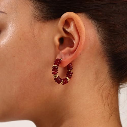 Wellike Beaded Hoop Earrings for Women Natural Stone Pink Gold Huggie Earrings Hypoallergenic Dainty Waterproof Trendy Jewelry - color: Burgundy, size: 30mm