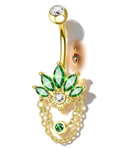 COCHARM 14G Lotus Belly Button Rings Dangle Belly Navel Rings for Women Surgical Steel Navel Piercing jewelry - color: YGGR-10MM