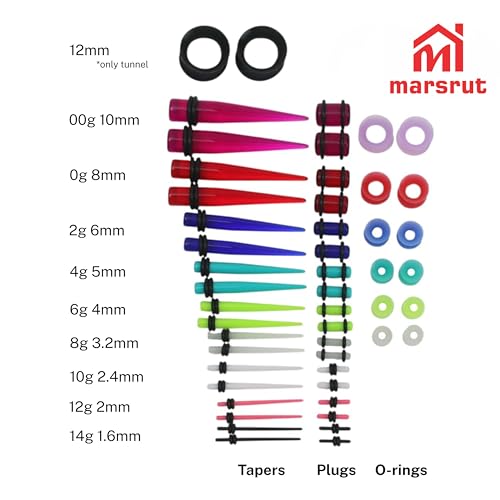 50pcs 14G-00G Ear Stretching Kit, Ear Gauges, Acrylic Plugs, Tapers, Round Silicone Tunnels for Women Men, Earring Expander, Starter Lightweight Body Piercing Jewelry Gauging Set (Random Size & Color)